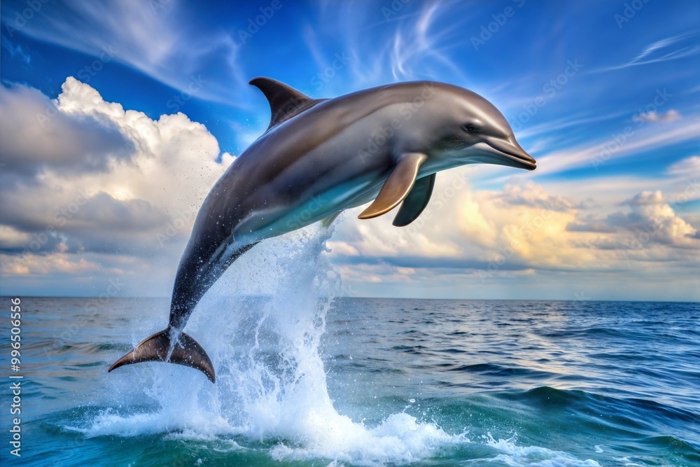 Fototapeta premium Dolphin leaping out of water with blue sky and clouds