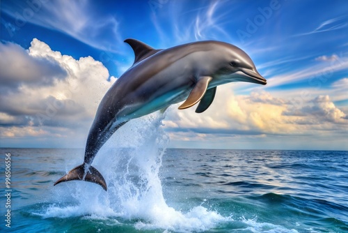 Dolphin leaping out of water with blue sky and clouds