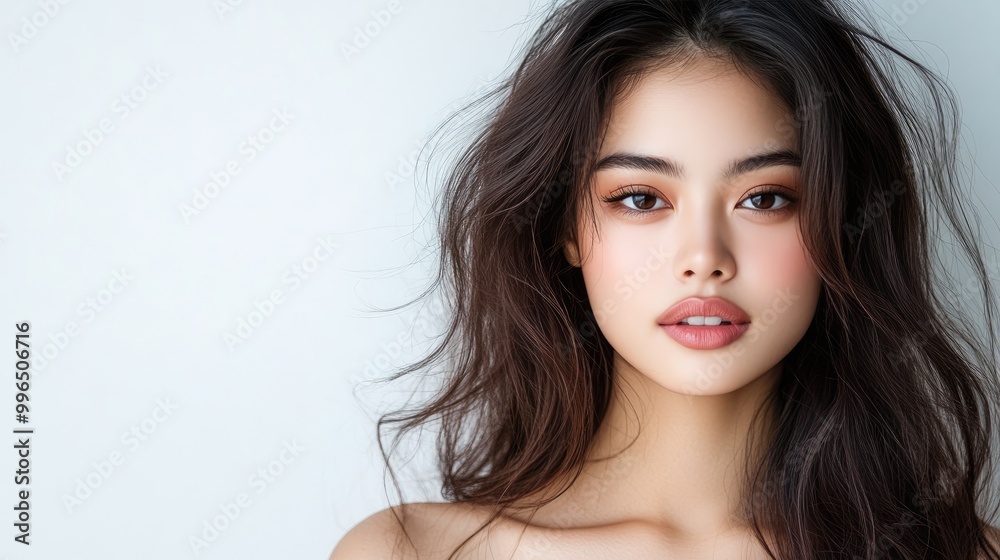 A beautiful young woman with long hair and natural makeup posing against a light background, embodying elegance and grace.
