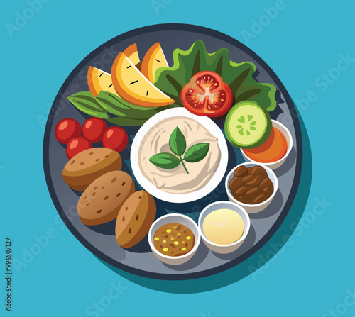 A vector of a Mediterranean mezze platter with hummus, falafel, pita bread, and fresh vegetables like cucumbers, olives, and tomatoes. The plate should feel fresh and vibrant, with each element