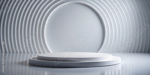 White ceramic pedestal made of circles on a curved white background. Perfect pedestal to display your products. 3D illustration.