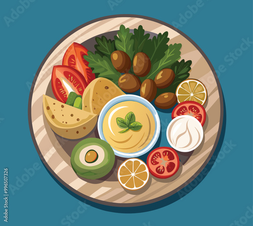 A vector of a Mediterranean mezze platter with hummus, falafel, pita bread, and fresh vegetables like cucumbers, olives, and tomatoes. The plate should feel fresh and vibrant, with each element