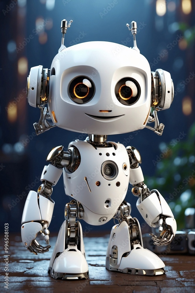 Cute White Robot Standing Against a Blue Background, Creating an Atmosphere of Technology Cute White Robot Standing Against a Blue Background, Creating an Atmosphere of Technology