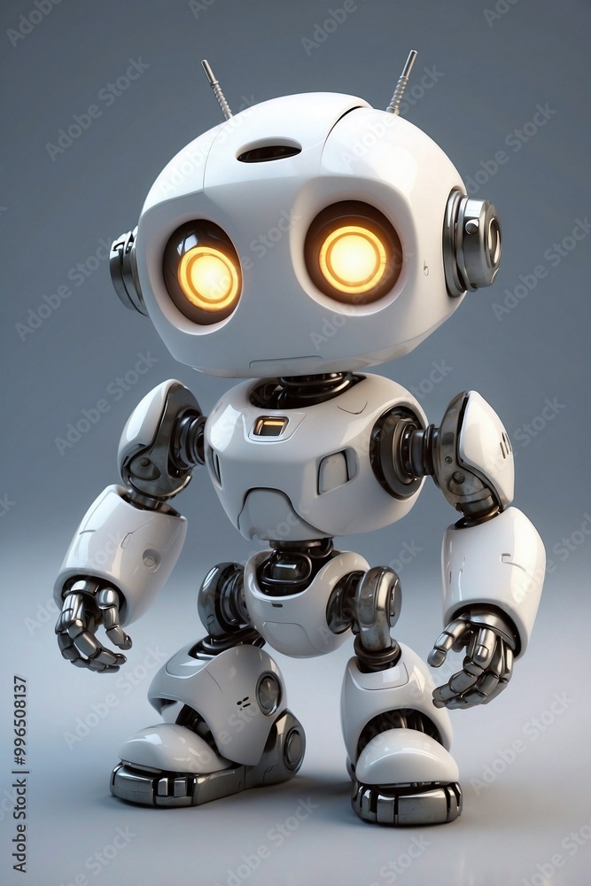 Cute White Robot Standing Against a Blue Background, Creating an Atmosphere of Technology Cute White Robot Standing Against a Blue Background, Creating an Atmosphere of Technology