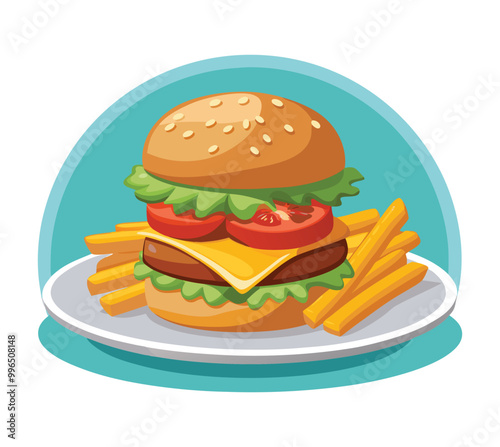 Illustrate a plate with a juicy cheeseburger and crispy golden fries. The burger should have layers of cheese, lettuce, tomatoes, and pickles, with a sesame seed bun. The fries should look crunchy