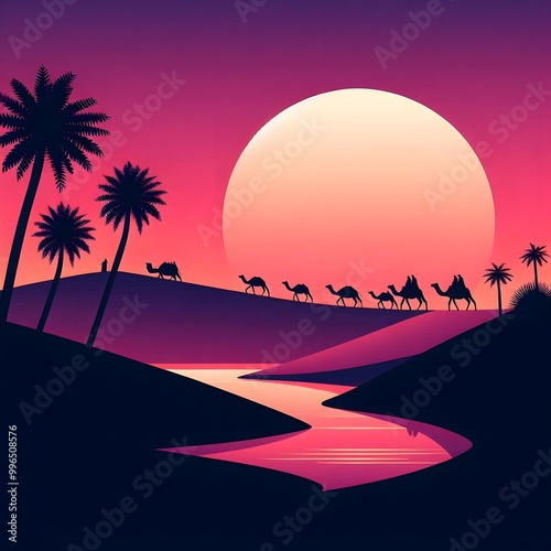 A sunset with mountains and palm trees wallpaper 