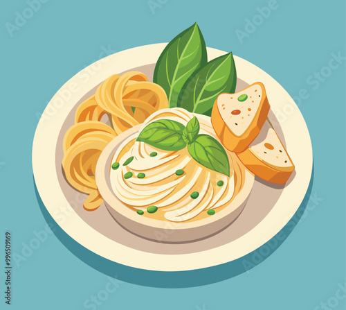 Illustrate a plate of creamy fettuccine alfredo with grilled chicken slices on top, garnished with fresh basil and parmesan. A garlic bread slice is placed beside the pasta on the plate.