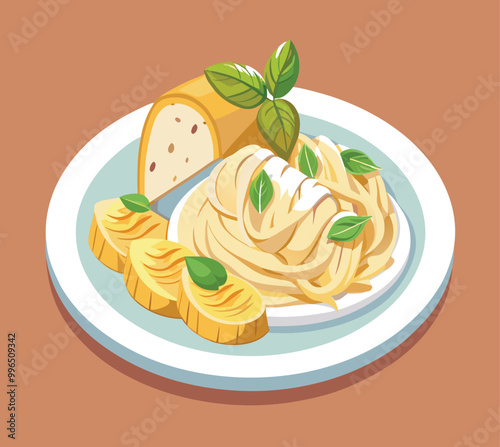 Illustrate a plate of creamy fettuccine alfredo with grilled chicken slices on top, garnished with fresh basil and parmesan. A garlic bread slice is placed beside the pasta on the plate.