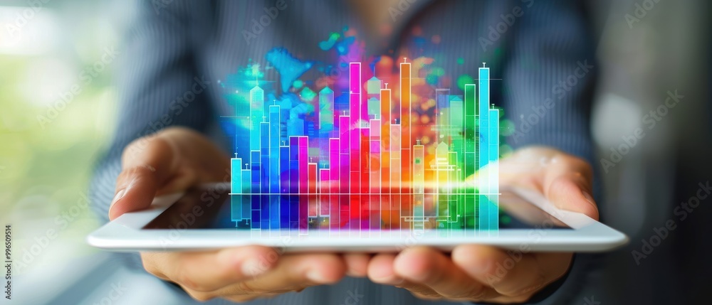 Hands Holding Digital Tablet with Eco Visuals Hands Holding Digital Tablet with Eco Visuals