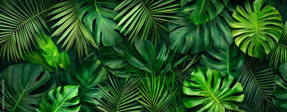 The background is a close-up tropical green monstera leaf in a flat lay arrangement. Fresh wallpaper banner design concept. The background is a close-up tropical green monstera leaf in a flat lay arrangement. Fresh wallpaper banner design concept.