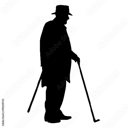 Senior Citizen Walking with Cane Silhouette – Vector Illustration on White Background