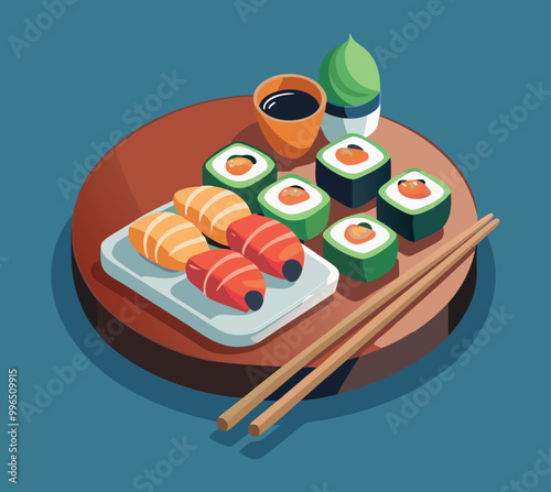 A vector of a beautifully arranged sushi platter. Include pieces of nigiri, maki rolls with salmon and avocado, and a small dish of soy sauce with chopsticks placed delicately next to the plate.