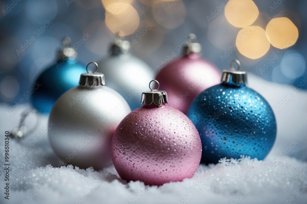 Group of Christmas Ornaments in Pink, Blue, and White on Snowy Ground Group of Christmas Ornaments in Pink, Blue, and White on Snowy Ground