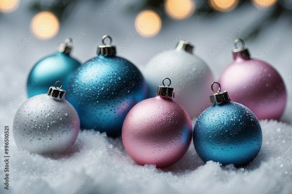 Group of Christmas Ornaments in Pink, Blue, and White on Snowy Ground Group of Christmas Ornaments in Pink, Blue, and White on Snowy Ground