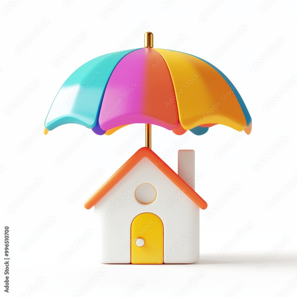 A vibrant 3D icon of an umbrella sheltering a house, symbolizing protection from the elements, rendered in bright colors against a simple white background A vibrant 3D icon of an umbrella sheltering a house, symbolizing protection from the elements, rendered in bright colors against a simple white background