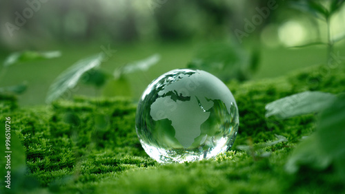 Fototapeta Naklejka Na Ścianę i Meble -  Crystal globe glass on green moss in forest to protect nature Save and care World for sustainable. concept of the environment ecology and Earth Day. eco environment and ESG concept.