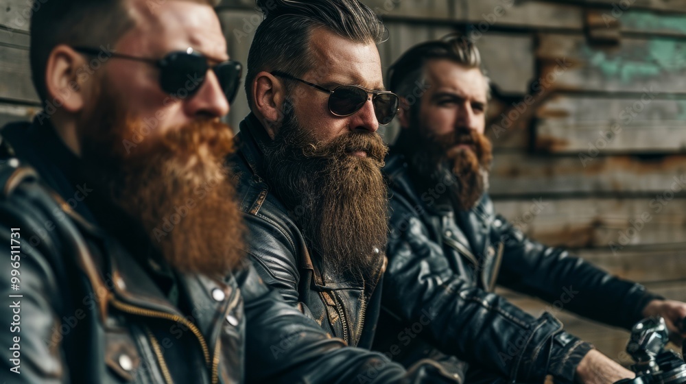 Company of bearded bikers in leather clothes outdoors. Neural network ai generated art Company of bearded bikers in leather clothes outdoors. Neural network ai generated art
