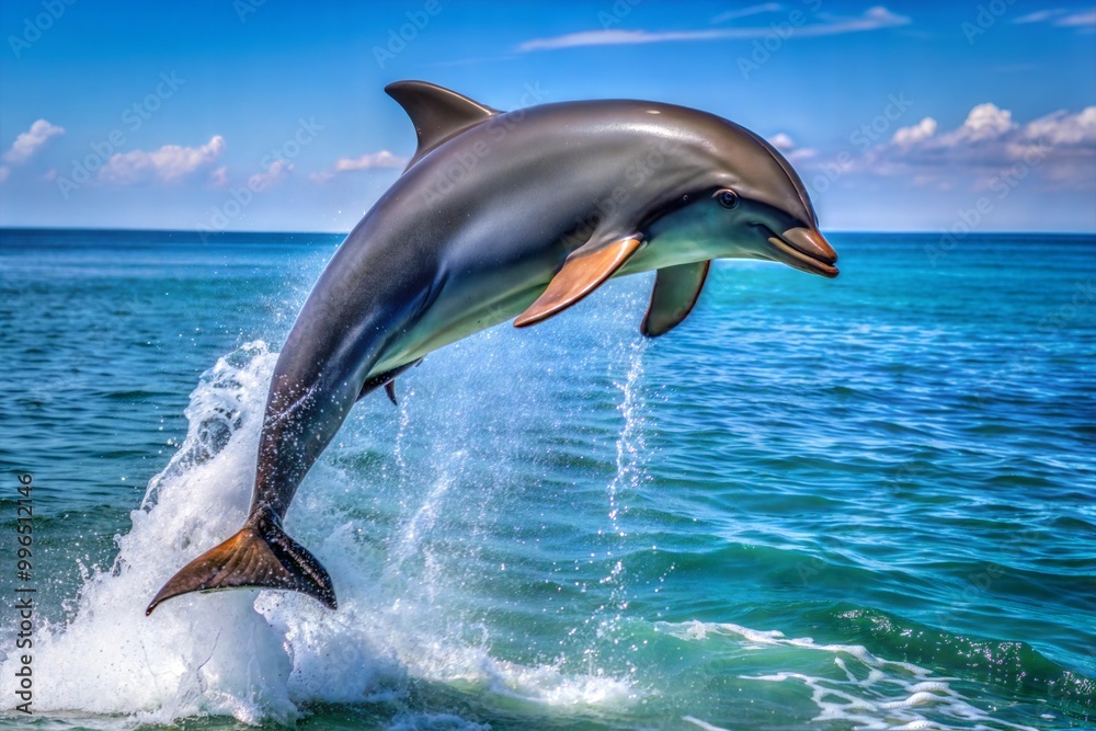 Fototapeta premium Dolphin leaping out of water with blue sky and splash