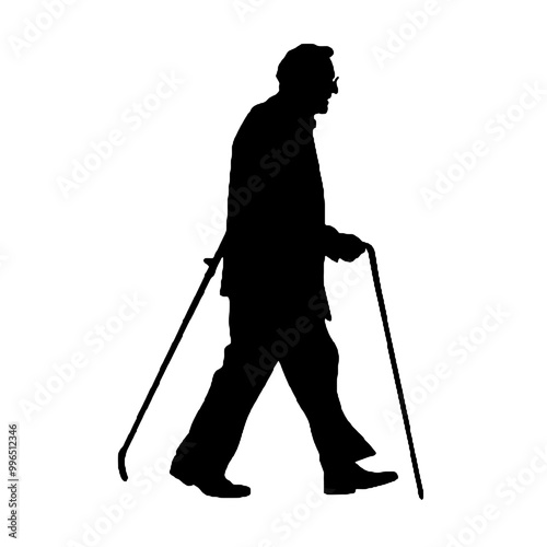 Senior Citizen Walking Cane Silhouette Isolated on White Background – Vector Illustration