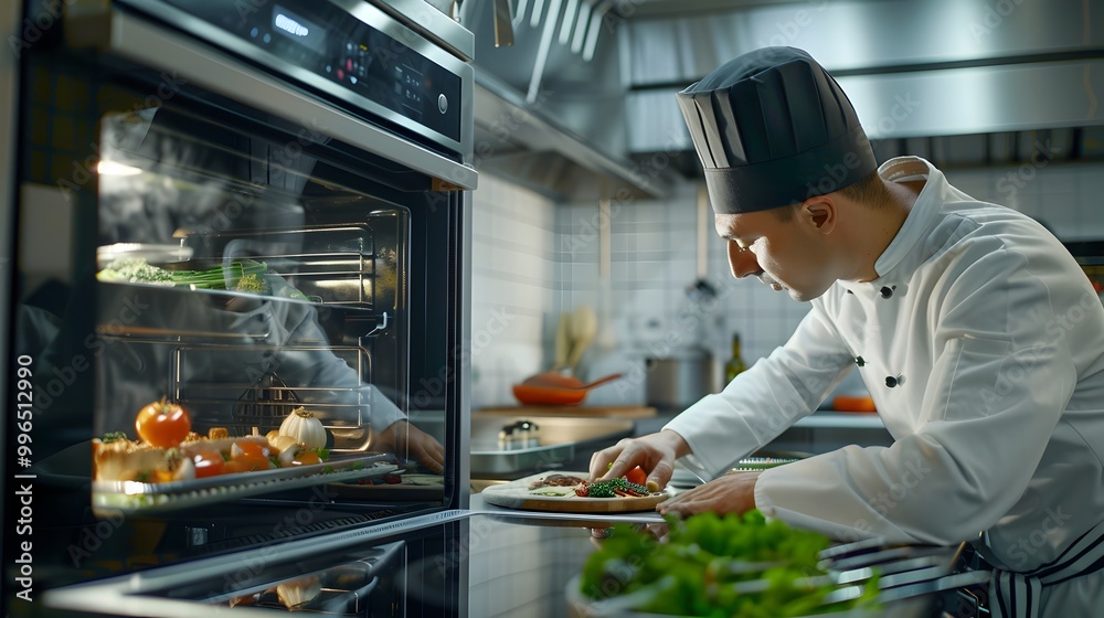 Chef Utilizing Advanced Kitchen Technology to Precisely Control Cooking Processes Chef Utilizing Advanced Kitchen Technology to Precisely Control Cooking Processes