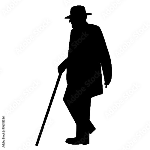 Senior Gentleman Using Cane Silhouette Isolated on White Background – Vector Illustration