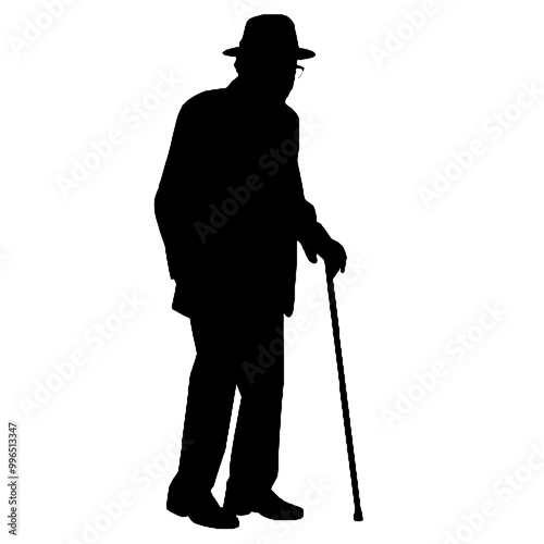 Senior Gentleman Using Cane Silhouette Isolated on White Background – Vector Illustration