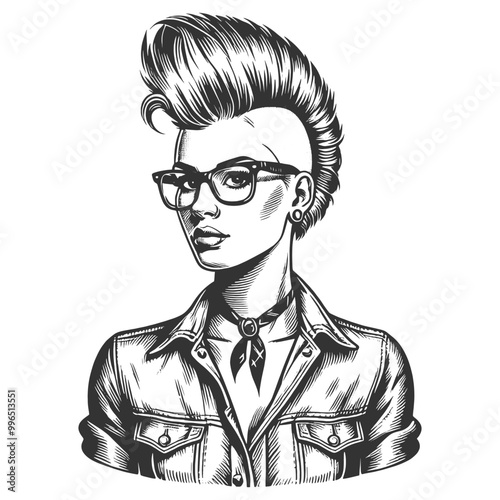 Stylish punk woman, mohawk and tattoos adjusting her glasses, alternative fashion sketch engraving generative ai fictional character vector illustration. Scratch board imitation. Black and white image