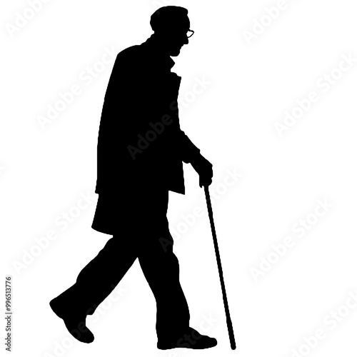 Senior Male with Walking Stick Silhouette Isolated on White Background – Vector Illustration