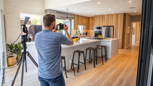 A professional photographer capturing images of a newly renovated s interior, preparing it for a real estate listing. photo