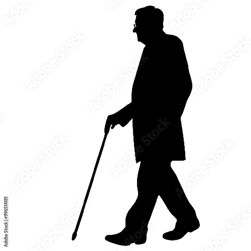 Senior Man Walking with Support Silhouette Isolated on White Background – Vector Illustration