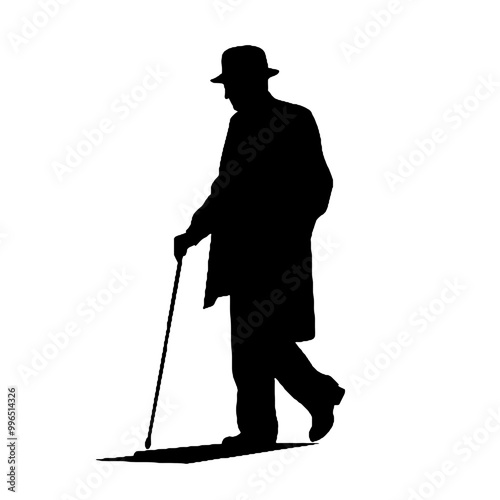 Old Man with Stick Silhouette Isolated on White Background – Vector Illustration