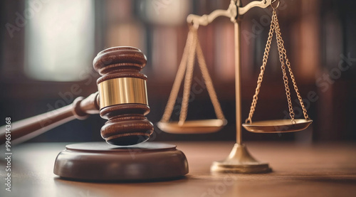 A wooden gavel and scale of justice on the table in front view. The background is blurred with a bookcase.