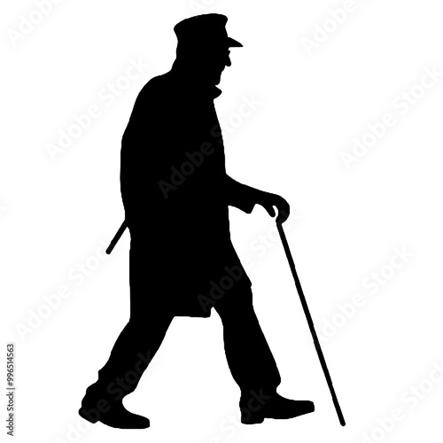 Elderly Man Walking Cane Silhouette Isolated on White Background – Vector Illustration