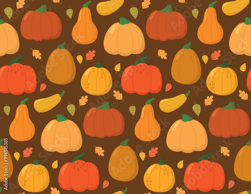 Seamless pattern with cute autumn pumpkins and leaves on brown backdrop. Colorful fall background	