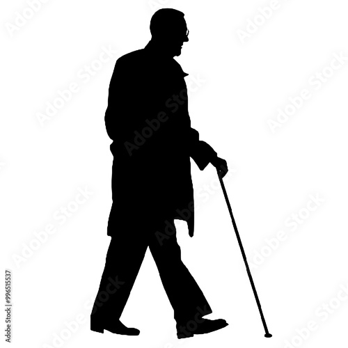 Old Man with Cane Silhouette Isolated on White Background – Vector Illustration