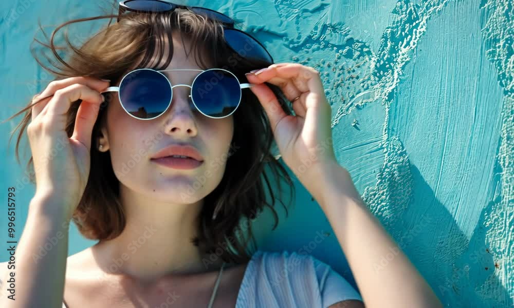 A woman with short hair and sunglasses is standing in front of a blue wall Video A woman with short hair and sunglasses is standing in front of a blue wall Video