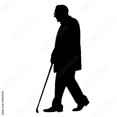 Elderly Person with Walking Cane Silhouette Isolated on White Background – Vector Illustration