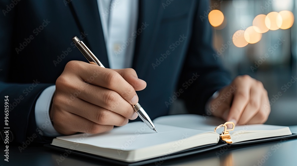 A close-up of a person in a suit writing in a notebook with a pen, capturing focus and reflection in a modern workspace. A close-up of a person in a suit writing in a notebook with a pen, capturing focus and reflection in a modern workspace.