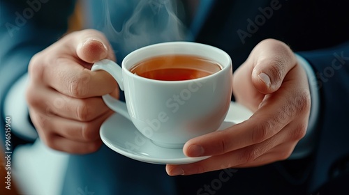 A close-up of a person holding a steaming cup of tea, exuding warmth and comfort, perfect for cozy settings.