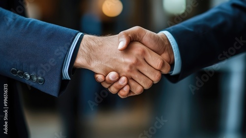 A close-up of two hands shaking, symbolizing partnership, agreement, and collaboration in a professional setting.