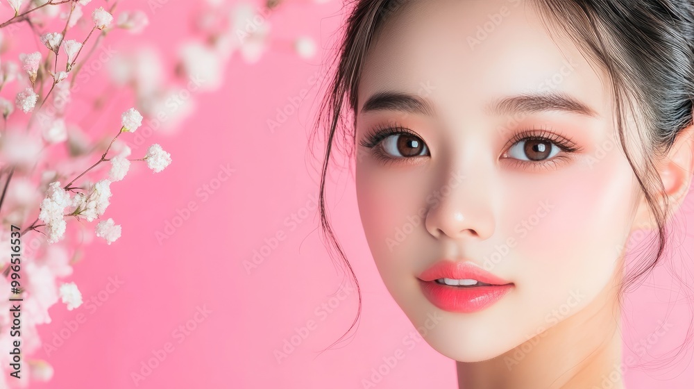 Fototapeta premium A close-up portrait of a young woman with natural makeup, surrounded by delicate flowers against a pink background.