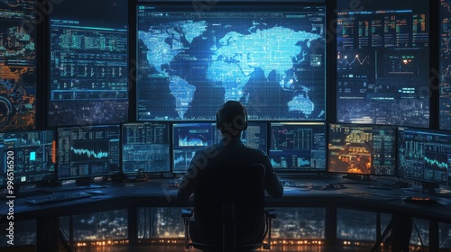 A supply chain manager in a control room, overseeing global logistics operations on multiple monitors with various data feeds.