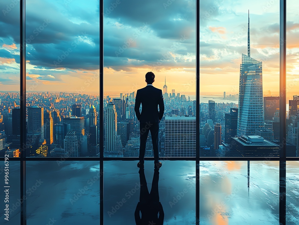 Business leader standing in front of a large window overlooking the city, symbolizing corporate power Leadership, corporate influence Business leader standing in front of a large window overlooking the city, symbolizing corporate power Leadership, corporate influence