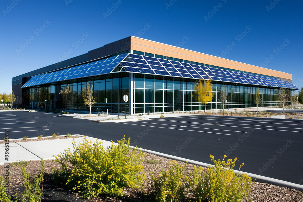 Modern office building with solar panels on the roof, highlighting the use of renewable energy and sustainable architecture in a commercial property Modern office building with solar panels on the roof, highlighting the use of renewable energy and sustainable architecture in a commercial property