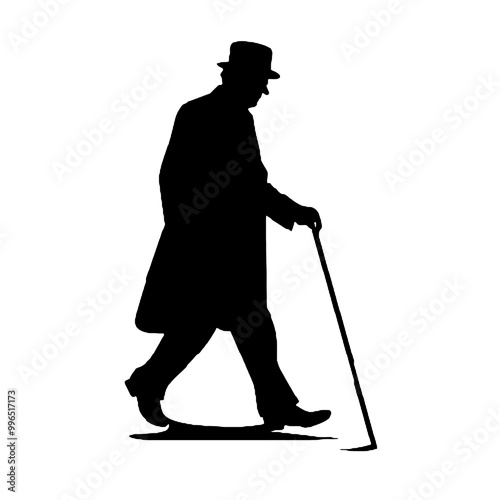 Senior Man with Walking Stick Silhouette Isolated on White Background – Vector Illustration