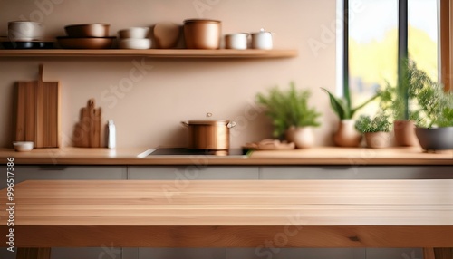 Wooden countertop in the kitchen. Empty product table against a beige wall background. Brown podium for presentation. Interior with a platform for advertising eco-cosmetics