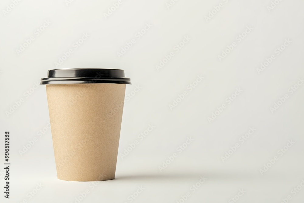 Paper coffee cup with black lid on white surface. Paper coffee cup with black lid on white surface.