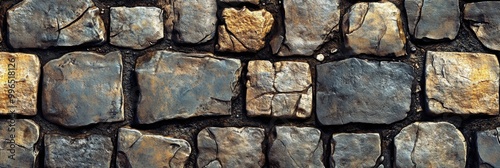Cobblestone street texture, with uneven stones and weathered surfaces
