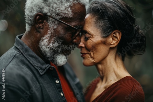 Portrait of a tender mixed race couple in their 60s standing face to face having intimate romantic moment