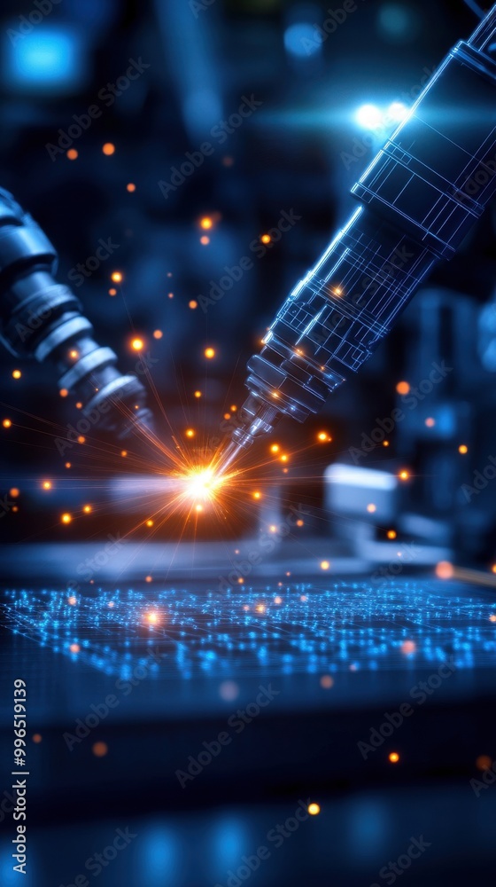 Fototapeta premium Robotic arms welding with sparks on a digital interface.